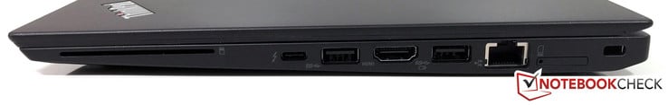 右侧: SmartCard reader, USB-C Gen.2 (TB 3), USB 3.0, HDMI 1.4b, USB 3.0 (always-on), Gigabit-Ethernet, SIM slot, Kensington Lock