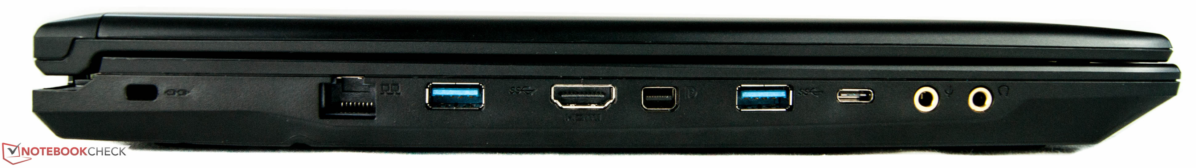left: Kensington lock, Ethernet port, USB 3.0, HDMI connector, Mini DisplayPort, USB 3.0, USB Type-C, microphone-in, headphone jack