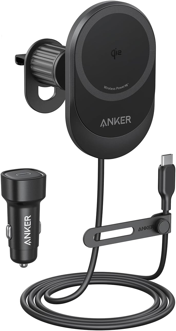 原装 Anker MagGo 无线车载充电器（垫，内置 USB-C 线缆）。(图片来源：Anker）