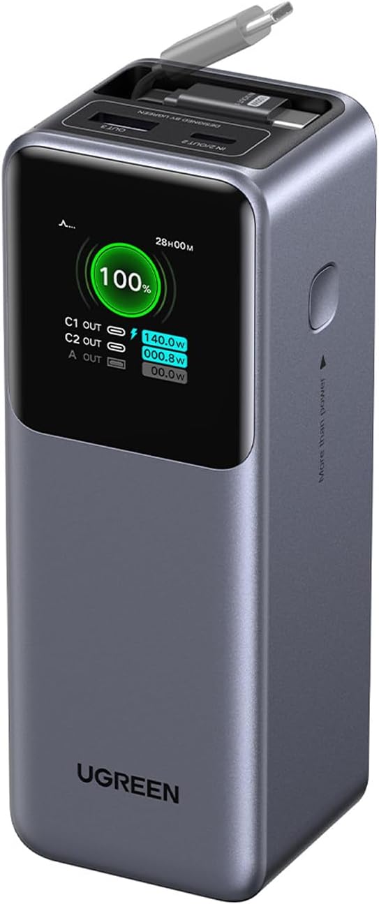 带可伸缩线缆的 Ugreen Nexode 太阳能电池。(图片来源：Ugreen）