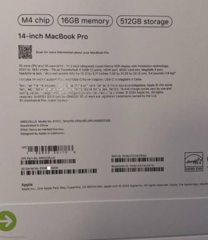泄露的 M4 MacBook Pro 包装盒图片显示其基本内存更高。(图片来源：ShrimpApplePro via Twitter）