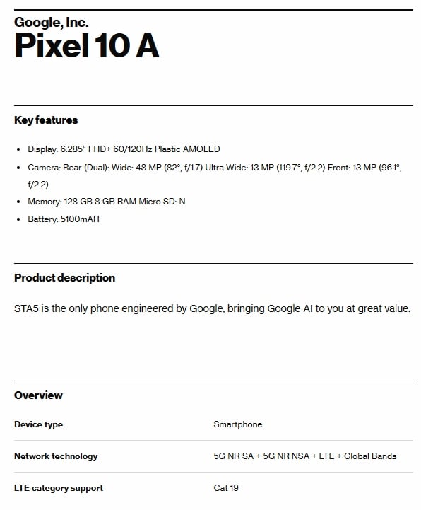 据称谷歌 Pixel 10a 已通过 Verizon 认证(图片来源:Evan Blass)