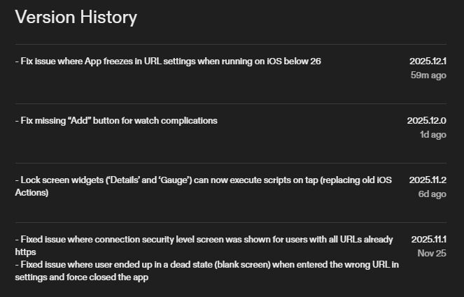 Home Assistant iOS 应用程序最近的版本历史。(图片来源:Apple App Store 截图)