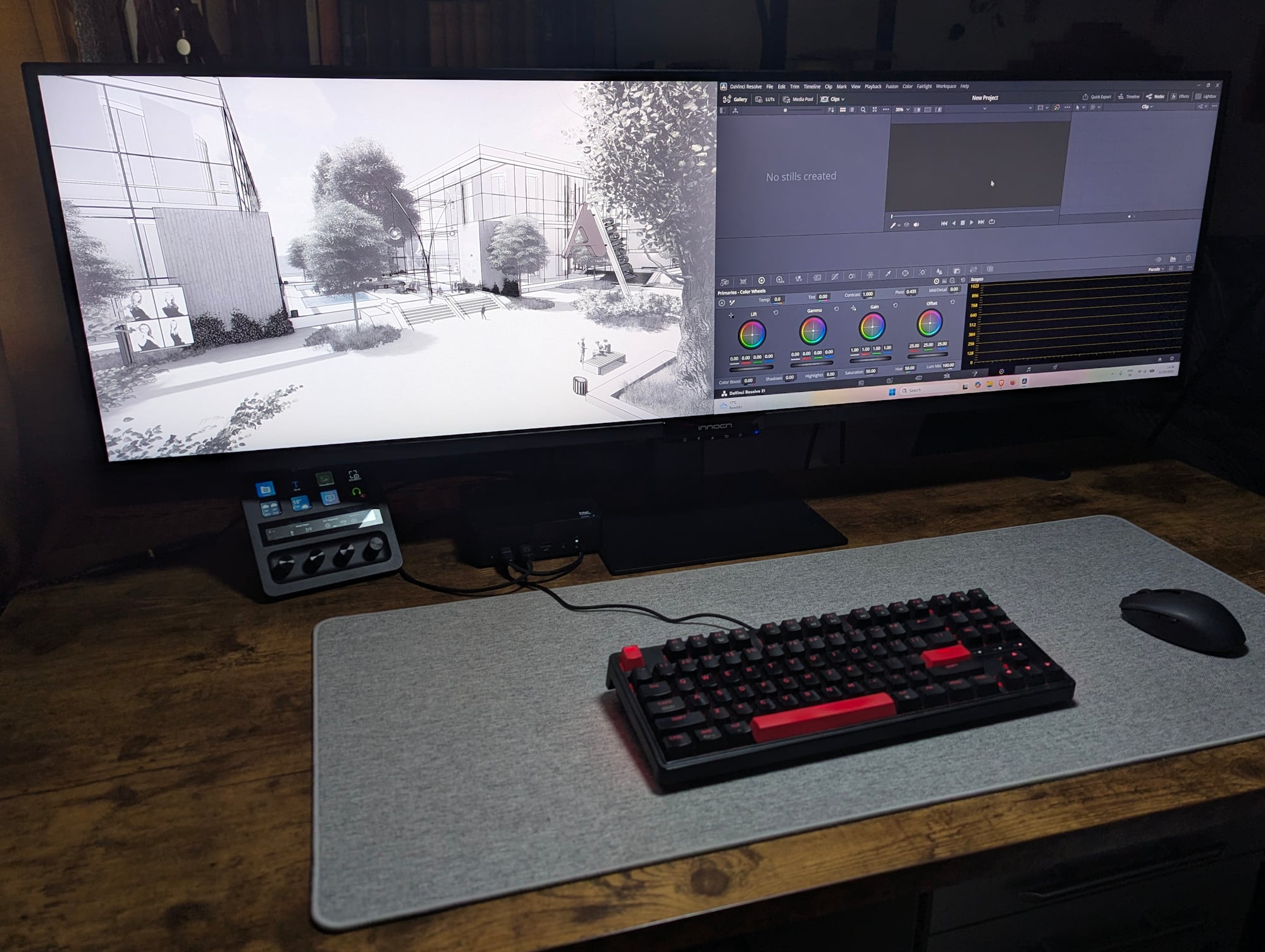 Innocn E49M1R 屏幕左侧显示一张技术图纸,右侧显示 DaVinci Resolve 软件界面。
