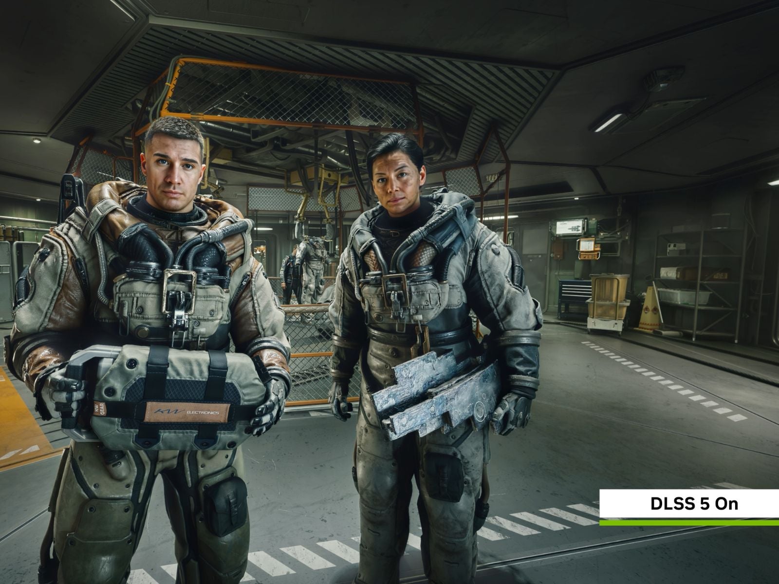 两名《星际战场》角色身处一处启用了Nvidia DLSS 5技术的未来主义设施中