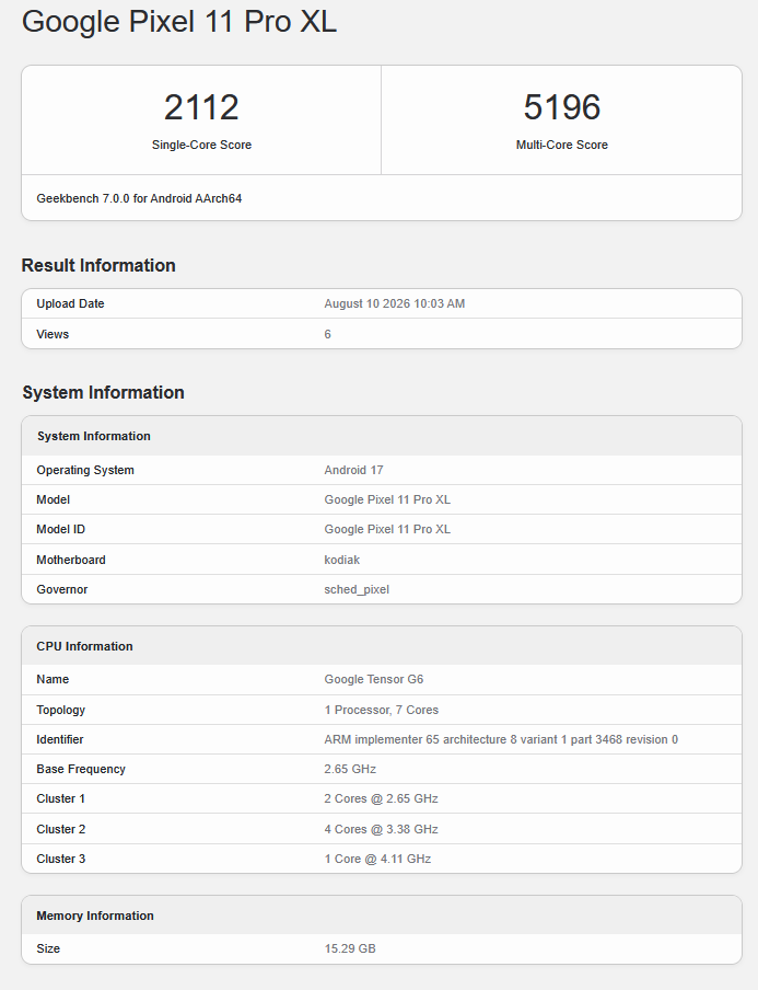 Google Tensor G6 在 Geekbench 上的列表
