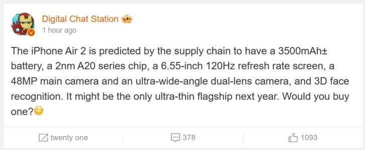 据报道,iPhone Air 2 将配备一块容量超过 3,500 mAh 的电池。