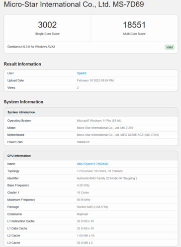 Ryzen 9 7950X3D Geekbench（图片来源：Geekbench）
