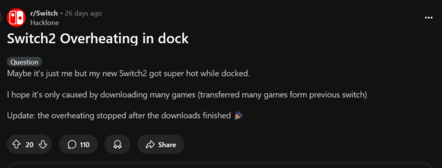 Switch 2 底座过热 Reddit 帖子（图片来源：截图，Switch subreddit）