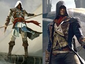 刺客信条黑旗》中的 Edward Kenway 和《刺客信条团结》中的 Arno Dorian 并排展示。