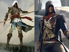 刺客信条黑旗》中的 Edward Kenway 和《刺客信条团结》中的 Arno Dorian 并排展示。