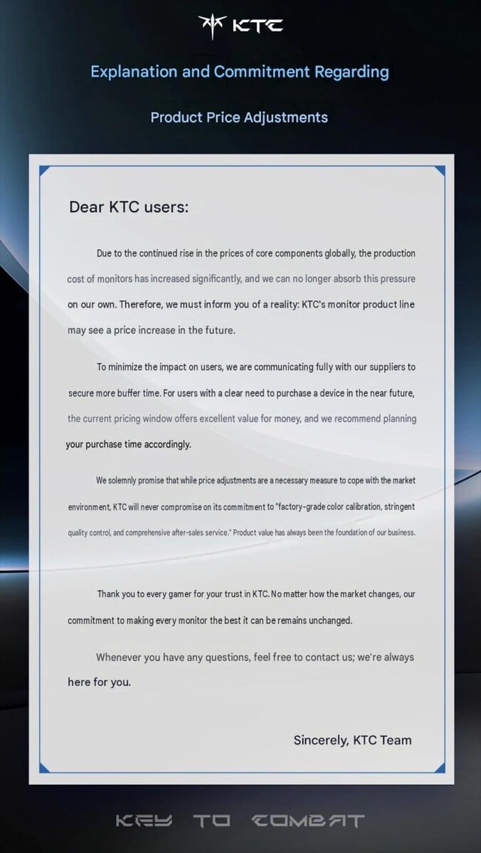 图片显示了KTC的公告,宣布将在不久的将来对其产品进行价格调整。