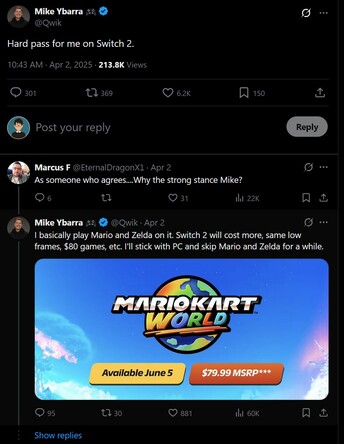 Mike Ybarra Switch 2 批评 X 帖子 #1（图片来源：截图，Mike Ybarra X 账户）