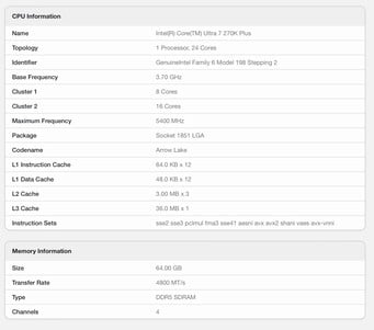 Core Ultra 7 270K Plus 的 Geekbench 6 列表。(图片来源:Geekbench)