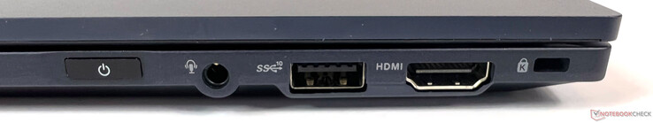 右边的连接：1个3.5毫米插孔（麦克风输入/音频输出合并），1个USB 3.2 Gen-2（10GBit/s），1个HDMI 2.0b，1个Kensington。