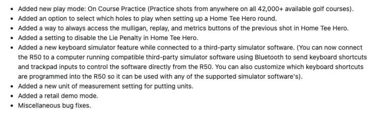 Garmin Approach R50 系统软件 8.40 的更改日志(图片来源:Garmin 论坛截图)