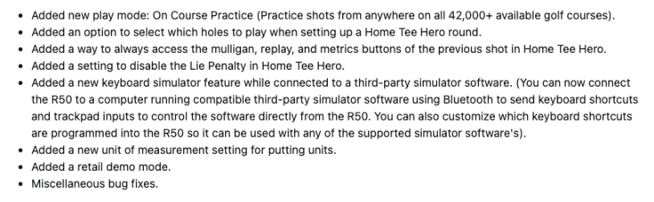 Garmin Approach R50 系统软件 8.40 的更改日志（图片来源：Garmin 论坛截图）
