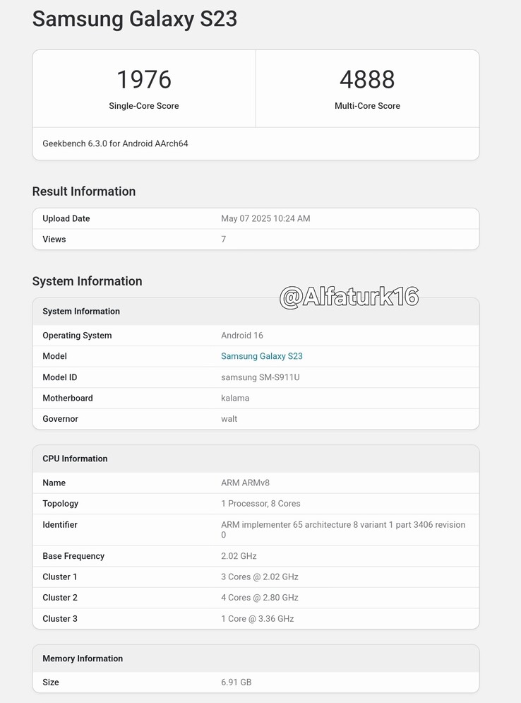 Galaxy S23 "似乎可以在 Geekbench 上运行Android 16。(来源：Geekbench via @Alfaturk16 on X）