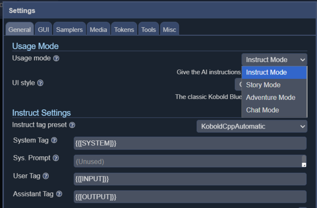 Instruct 用于向 LLM 下达指令，chat 类似于聊天机器人，story 适合小说式写作，而 adventure 则最适合 RPG 类型的互动小说。