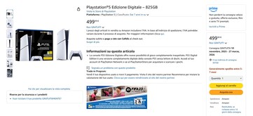 PS5 数字版（825GB）在意大利亚马逊有售。(图片来源：亚马逊）