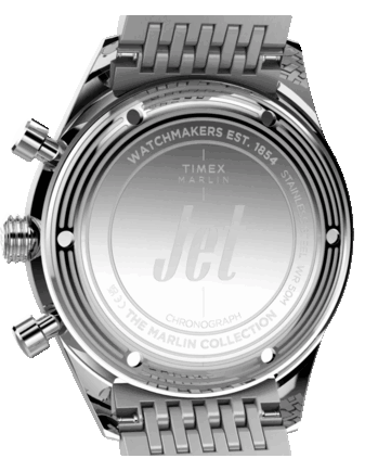 Timex Marlin Jet 计时码表的背面视图，展示了其不锈钢表背、同心圆纹饰、镌刻标记以及 Jet 徽标。