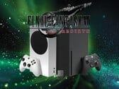 Xbox 游戏机和存储设备上方的《最终幻想 7 重生》徽标