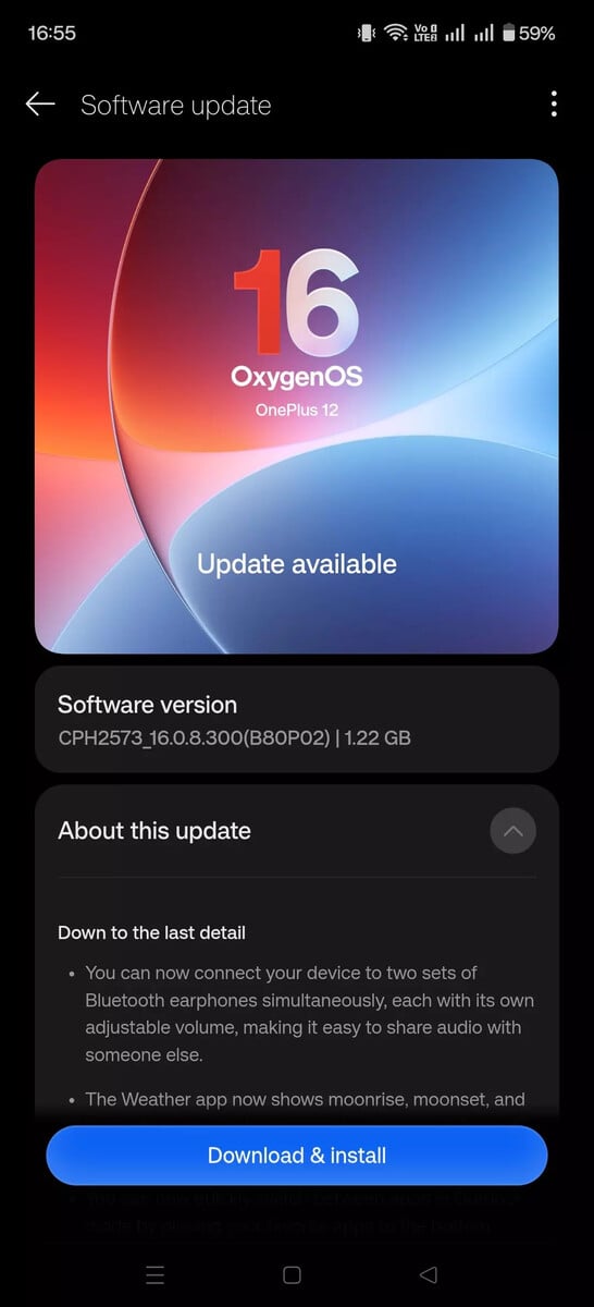 一加 12 的软件更新界面显示了 OxygenOS 16.0.8.300 更新，重点介绍了新增的双蓝牙音频支持及其他功能。