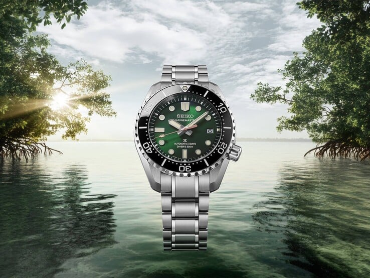 Seiko Marinemaster HBF003J1 搭配不锈钢表链,背景是热带红树林景观,绿叶葱茏,水面平静,阳光洒落。