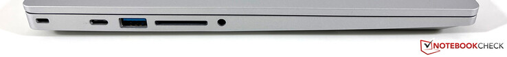 左边：Kensington锁，USB-C 3.2 gen.2 (10 Gb/s, DisplayPort ALT mode 1.4, Power Delivery), USB-A 3.2 gen. (5 Gb/s), 读卡器, 3.5毫米音频