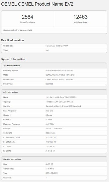 据称是Surface Laptop Studio 2，配备Core i7-13800H和64GB内存。(来源：Geekbench)