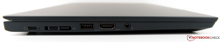 Left side: 2x USB Type-C 3.1 (Gen.2 w/ DisplayPort), Mini-Ethernet/Docking, USB Type-A 3.1 (Gen.2), HDMI 2.0, 3.5 mm stereo jack