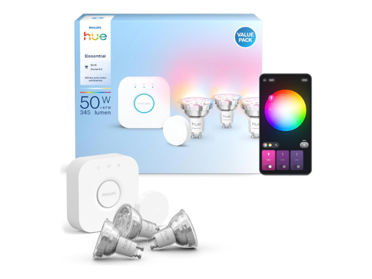 带 GU10 灯泡的飞利浦 Hue 基本入门套件。(图片来源：Philips Hue）