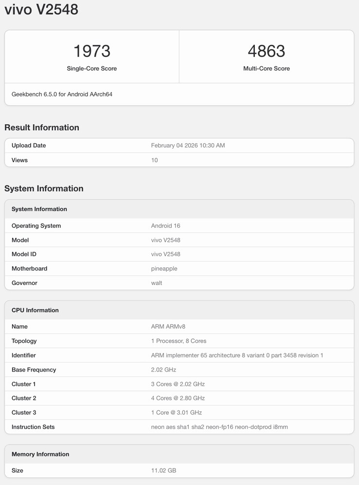 vivo V70 Elite 出现在 Geekbench 上。