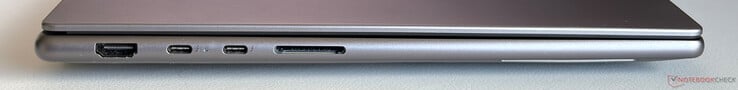 左：HDMI 2.1、2 个 USB-C 4.0（带雷电 4（40 Gbps）、DisplayPort 2.1、电源传输）、SD 卡读卡器