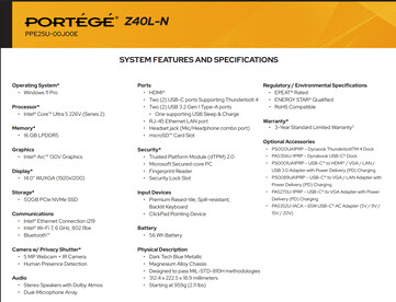 Core Ultra 5 变体的完整规格（图片来源：Dynabook）