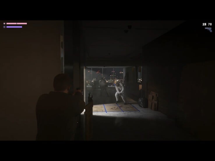 Extended Look 中的一张截图,展示了 Jason 和 Lucia 从一栋高层建筑中逃脱的场景。