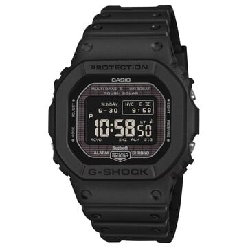 卡西欧 G-Shock GW-BX5600-1 数字手表,采用黑色树脂表壳和表带,配备正显 MIP 显示屏,字符为浅色,背景为深色。