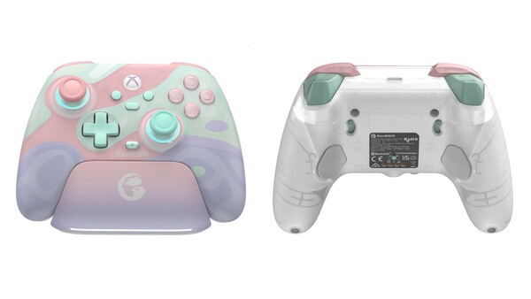 GameSir T7 Pro Sugar Whirl 有一个充电底座和两个背部按钮。