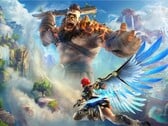 在《不朽的芬尼克兹:崛起》的神话开放世界背景中,芬尼克兹展翅翱翔,面对高耸入云的火红巨人。(图片来源:育碧)