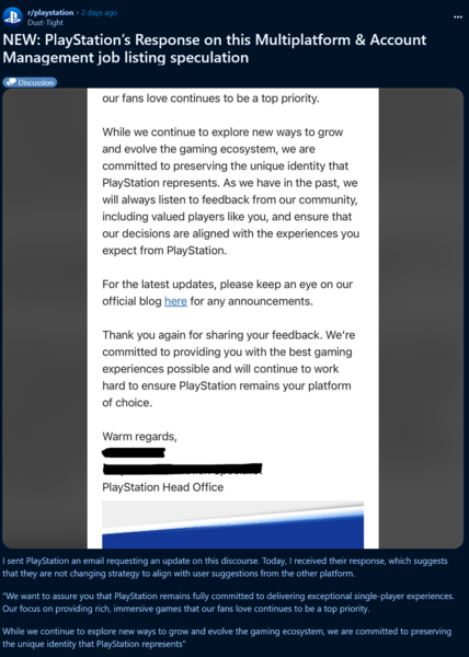PlayStation 回应有关 PS5 游戏跨平台的投诉（图片来源：截图，PlayStation subreddit）