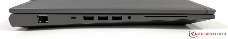 左侧。以太网，纳米安全锁插槽，3x USB 3.2 Gen 1 (1x供电)，3.5毫米立体声插孔，智能卡