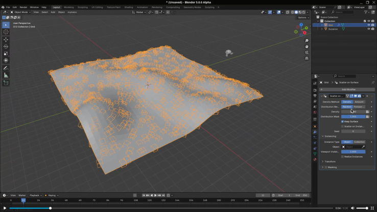 Blender 5.0 表面修改器上的散点。(图片来源：Blender）