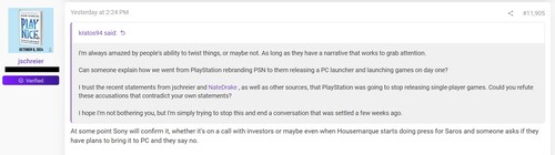 Jason Schreier 在论坛上发表的关于 PlayStation PC 启动器的帖子