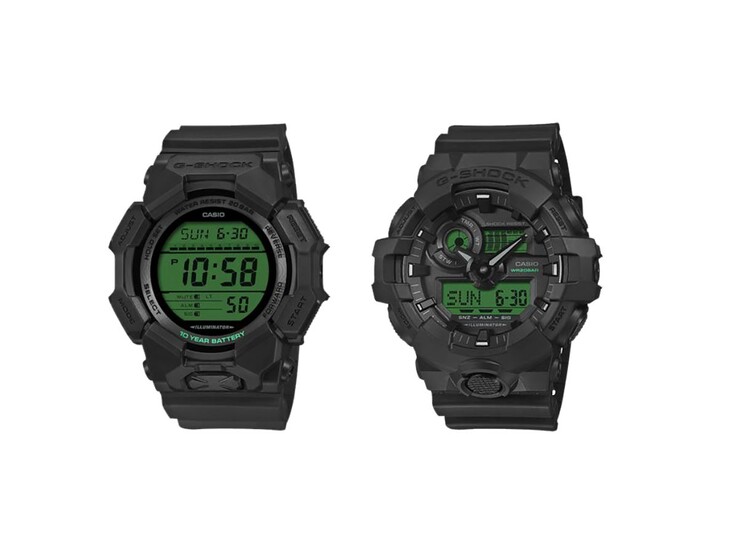 从左到右：卡西欧 G-Shock GD-010BEG-1 和 GA-700BEG-1A 手表