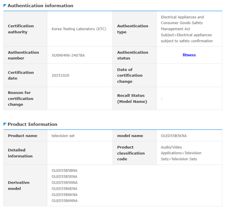 韩国安全数据库最近列出的 LG B5 和 B6 电视型号截图。(图片来源：LG）