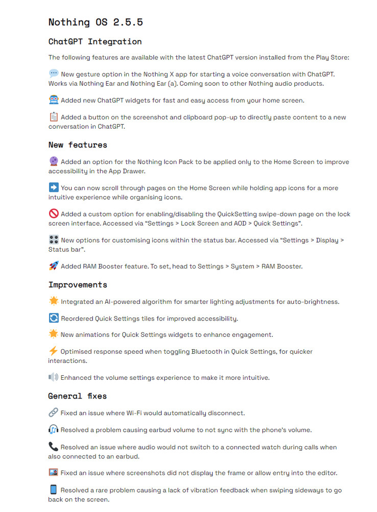 Nothing OS 2.5.5 for Nothing Phone 1 更新日志（图片来源：Nothing）