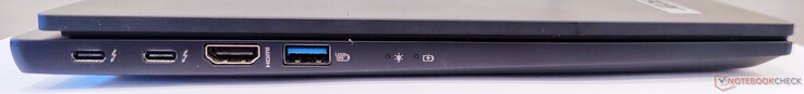左边：2个Thunderbolt 4，HDMI输出，USB 3.2 Gen2 Type-A，Power On LED， Battery LED