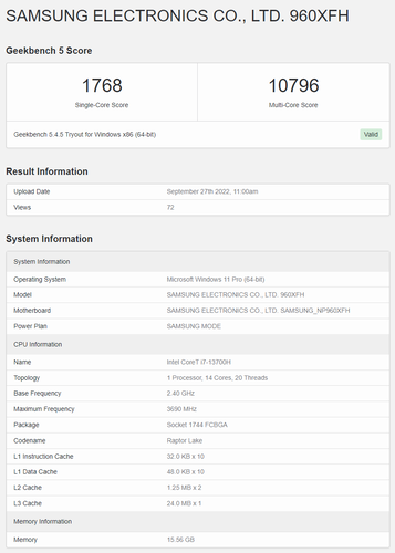 Geekbench上的英特尔猛禽湖-H酷睿i7-13700H。(来源：Geekbench)