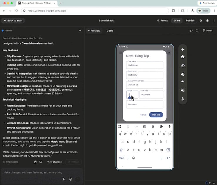 Vibe 编码的 Gemini AI Studio 应用程序可在Android 手机模拟器中在线运行,或安装在本地手机上进行测试。