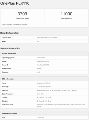 搭载骁龙 8 代精英版 5 的 OnePlus 15 出现在 Geekbench 上。(图片来源：Geekbench）